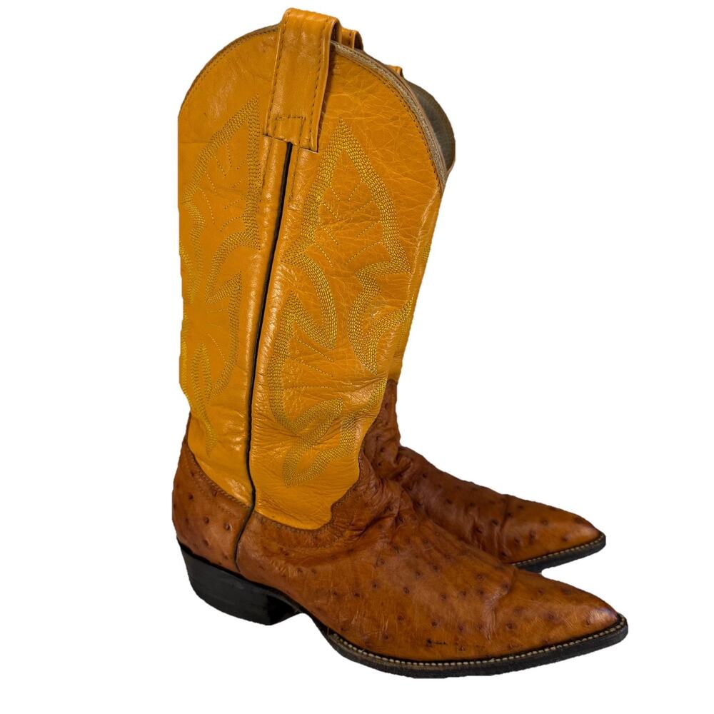 Alte Ostrich Boots Mens 8.5B Narrow Brown Yellow Tan Leather Pointed Toe Vtg